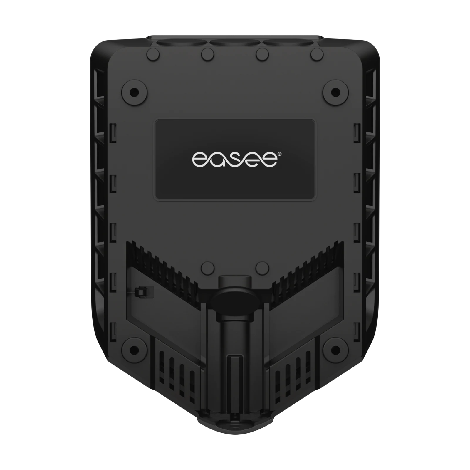 Rear view of the black Easee Charge Max EV charger showing the wall-mount backplate and Easee logo