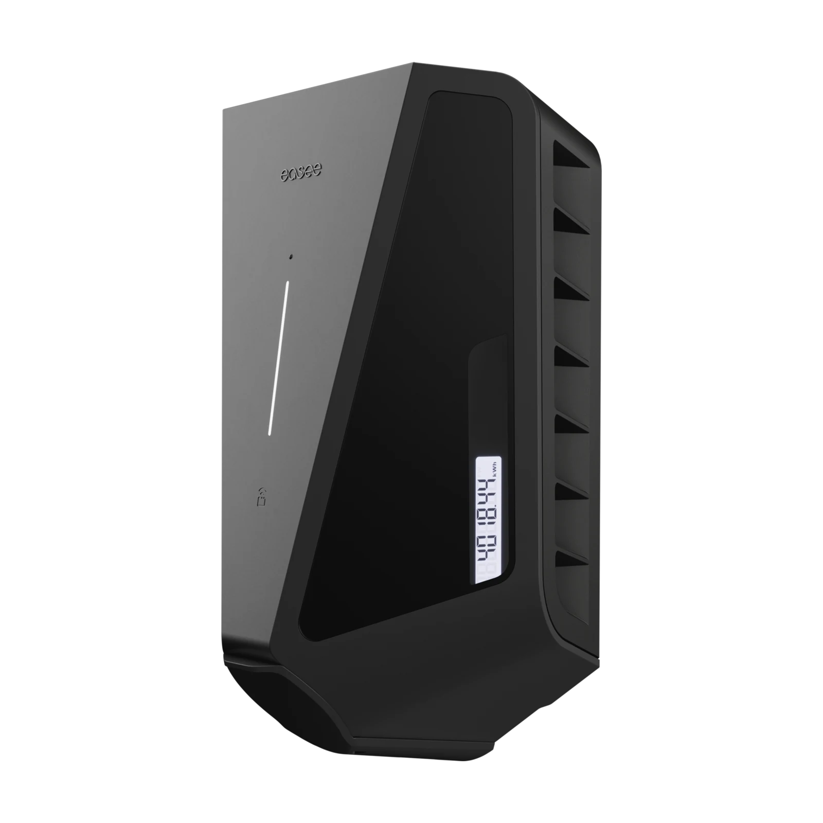 Side-angle perspective view of the black Easee Charge Max charger with digital display visible
