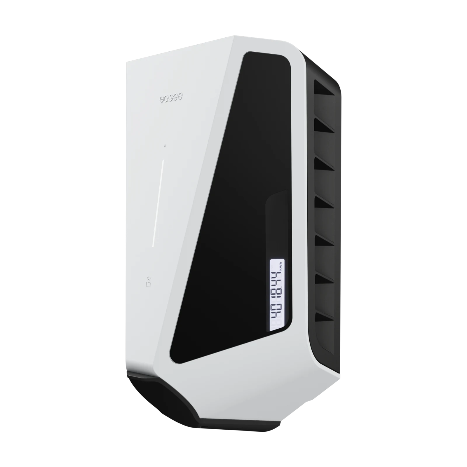 Side-angle perspective view of the white Easee Charge Max charger with digital display visible