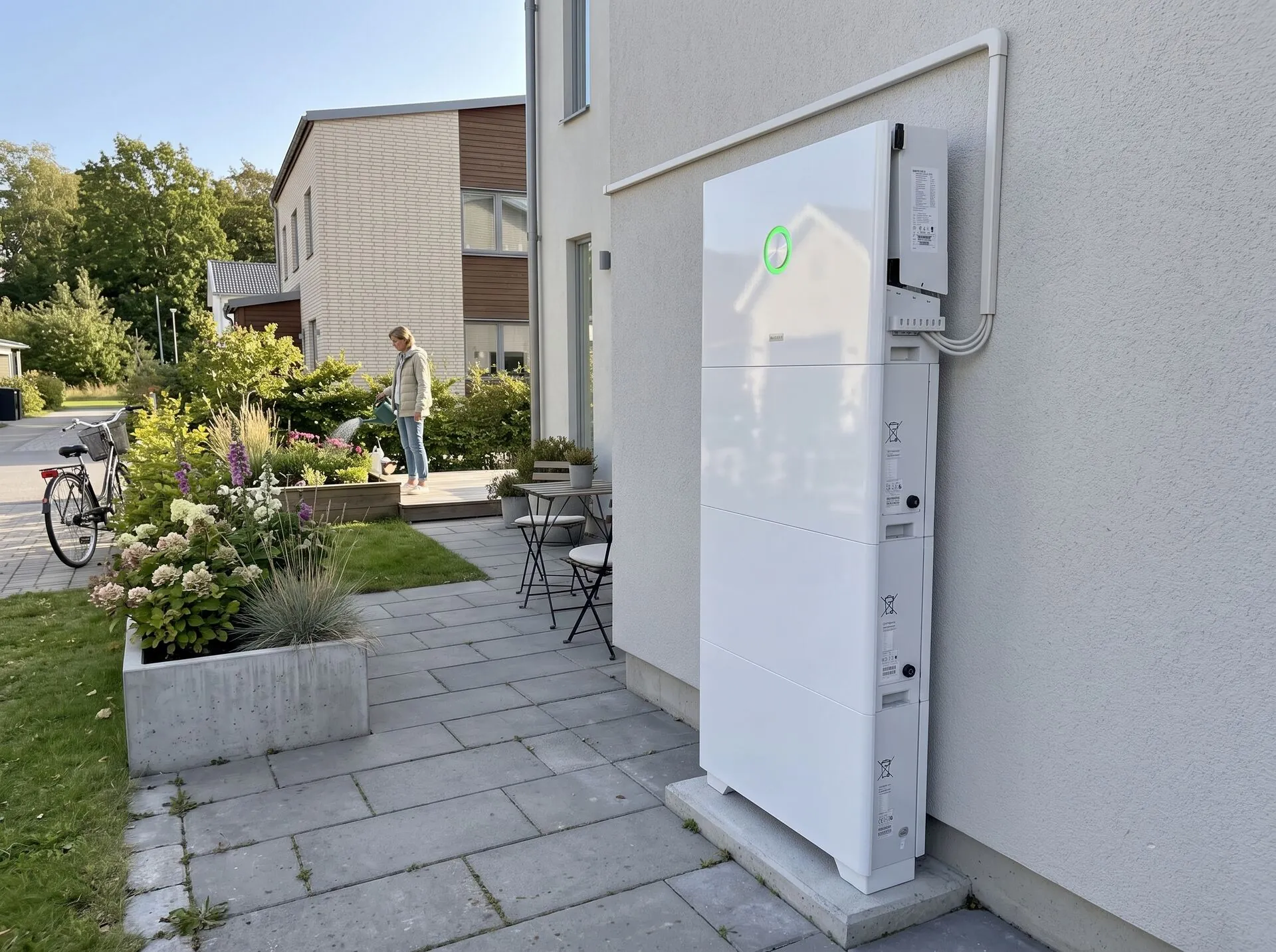 SAJ HS3 energilagringssystem installerat på uteplats vid villa